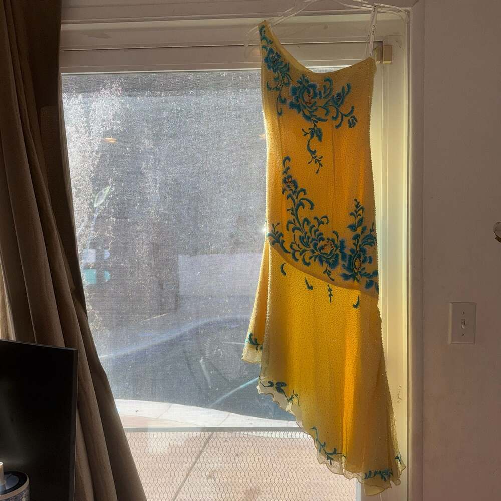 Lara Design 100% Silk Beaded Asymmetrical Yellow-Turquoise Floral Cocktail Dress